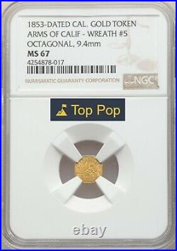 1853 Arms of California Gold Token / NGC MS67! TOP POP! FINEST KNOWN! HR7