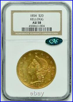 1854 $20 Kellogg & Co. Liberty Head California Gold Double Eagle NGC AU-58 withCAC