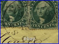 1858 San Francisco CA Dbl Rate Cover to Mass Perforated 10c Green Pair Steamship