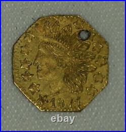 1874 Octagonal Indian. 25c (1) Quarter Dollar California Fractional Gold. Holed