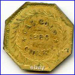 1886-DATED CAL. GOLD ARMS OF CALIF WREATH #2 ROUND, 11.4mm NGC POP 1 H7+