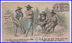 1890s Trade Card Giant Seam Boots California Gold Miners San Francisco Printer
