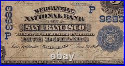 1902 $5 Mercantile National Bank Note San Francisco California Circ Net Fine F