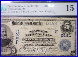 1902 $5 PMG F15 San Francisco CALIFORNIA Seaboard National Bank Currency Note NR