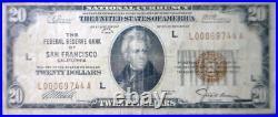 1929 $20 San Francisco CALIFORNIA F National Bank Note Currency Nice Fine NR