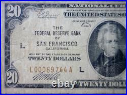 1929 $20 San Francisco CALIFORNIA F National Bank Note Currency Nice Fine NR