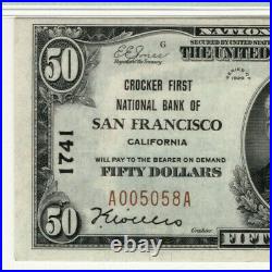 1929 $50 Crocker First National Banknote San Francisco California Pmg Au 58 Epq