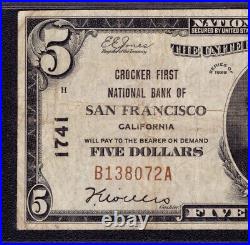1929 $5 Crocker National Banknote Currency San Francisco California Pmg Vf 25