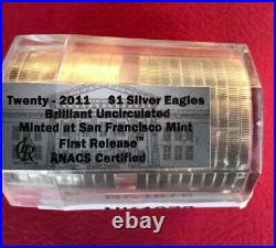 2011 (S) BU $1 American Silver Eagles. Minted at San Francisco Mint. Roll of 20
