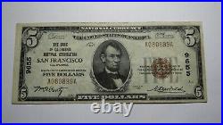 $5 1929 San Francisco California CA National Currency Bank Note Bill Ch #9655 VF