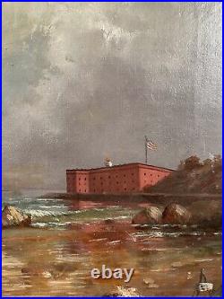 Antique 19th C. Oil Painting American Military Fort Point San Francisco Bay CA