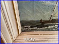 Antique Oil Painting Sailboat by L. Raymond San Francisco Bohemian Art Colony