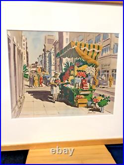 FRANK SERRATONI-Original Watercolor San Francisco FLOWER VENDOR California-1950s