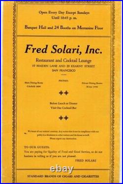 Fred Solari Restaurant Menu Maiden Lane Kearny St San Francisco California 1940s