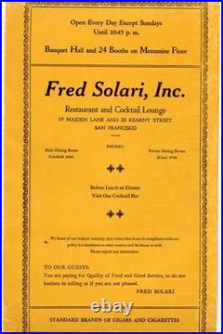 Fred Solari Restaurant Menu Maiden Lane Kearny St San Francisco California 1940s