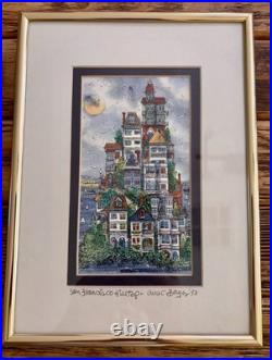 Gus Bayz Framed Original Watercolor San Francisco Hilltop Painting 1993