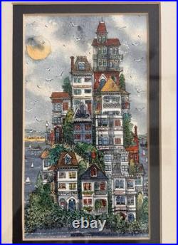 Gus Bayz Framed Original Watercolor San Francisco Hilltop Painting 1993