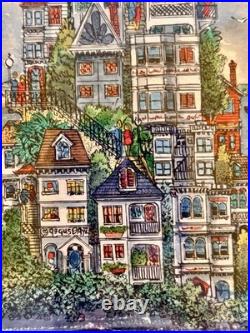 Gus Bayz Framed Original Watercolor San Francisco Hilltop Painting 1993