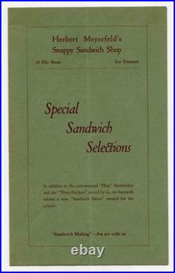 Herbert Meyerfeld's Snappy Sandwich Shop Menu San Francisco California 1930's