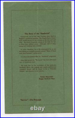 Herbert Meyerfeld's Snappy Sandwich Shop Menu San Francisco California 1930's