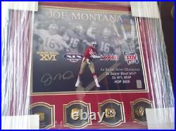 Joe Montana autographed portrait with 4 replica superbowl rings