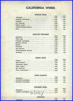 La Torre Steak House Menu with Wine List San Francisco California 1950's