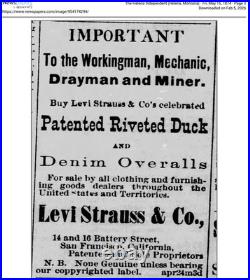 Old West 1873 Levi Strauss Co Blue Jeans San Francisco, California Copper Rivet