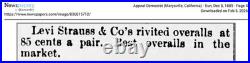 Old West 1873 Levi Strauss Co Blue Jeans San Francisco, California Copper Rivet