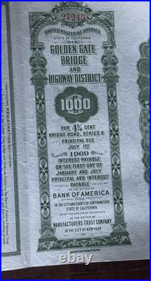 Original 1933 GOLDEN GATE BRIDGE $1000 Construction Bond SERIES B