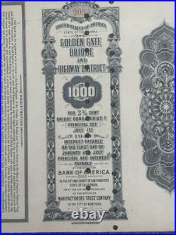 Original 1935 GOLDEN GATE BRIDGE $1000 Construction Bond SERIES C Highway Dist
