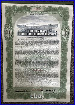 Original GOLDEN GATE BRIDGE $1000 Construction Bond Original GOLDEN GATE BRIDGE $1000 Construction Bond