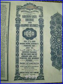 Original GOLDEN GATE BRIDGE $1000 Construction Bond, SAN FRANCISCO 1935