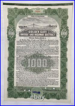Original GOLDEN GATE BRIDGE $1000 Construction Bond Series A 1932/1955 #5494