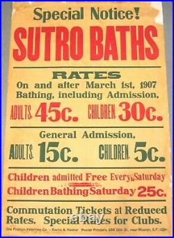 RARE c. 1907 SAN FRANCISCO SUTRO BATHSLARGE ANTIQUE BILLBOARD POSTER&PRICE LIST