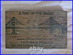 Rare 1937 Official Souvenir Piece of Golden Gate Bridge Redwood San Francisco CA