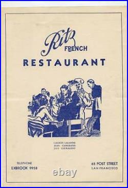 Ritz French Restaurant Menu Post St San Francisco California 1938 Old Poodle Dog
