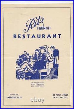 Ritz French Restaurant Menu Post St San Francisco California 1938 Old Poodle Dog