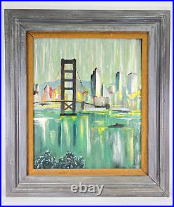 San Francisco CA California Bridge Midcentury Folk Art Painting Signed Bob Mod