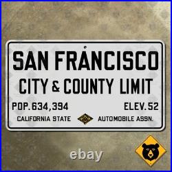 San Francisco California city county limit highway road sign 1929 CSAA 21x12