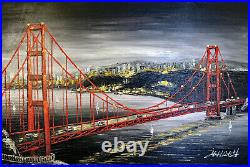 San Francisco Golden Gate Bridge Bay Area Black & White Oil Painting STRETCHED