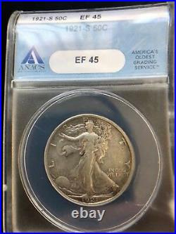 US Mint 1921-S Walking Liberty Half Dollar ANACS XF-45, Key Date Coin