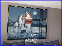Vintage Letterman Mid-Century San Francisco Bridge Painting Sail Boat California