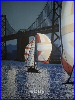 Vintage Letterman Mid-Century San Francisco Bridge Painting Sail Boat California