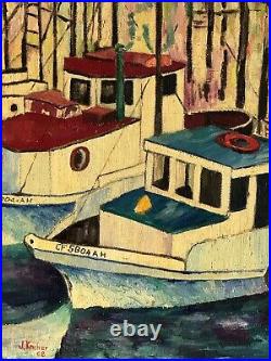 Vintage Modern San Francisco California Fishermans Wharf Oil Painting Old Boat