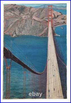Vintage San Francisco Bird's Eye View Golden Gate Bridge Oil Painting J Costanza