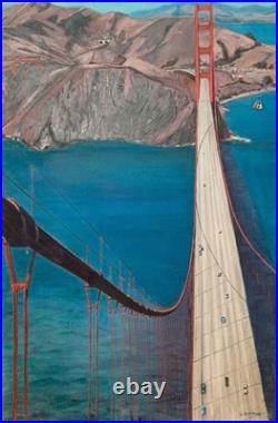 Vintage San Francisco Bird's Eye View Golden Gate Bridge Oil Painting J Costanza