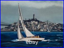 Vtg Art Pastel Painting Sailboat Sailing San Francisco California Nautical 1970