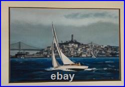 Vtg Art Pastel Painting Sailboat Sailing San Francisco California Nautical 1970